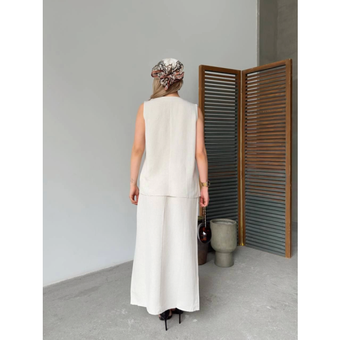 Keten Kolsuz Hırka Etek Ikili Takım- Beyaz