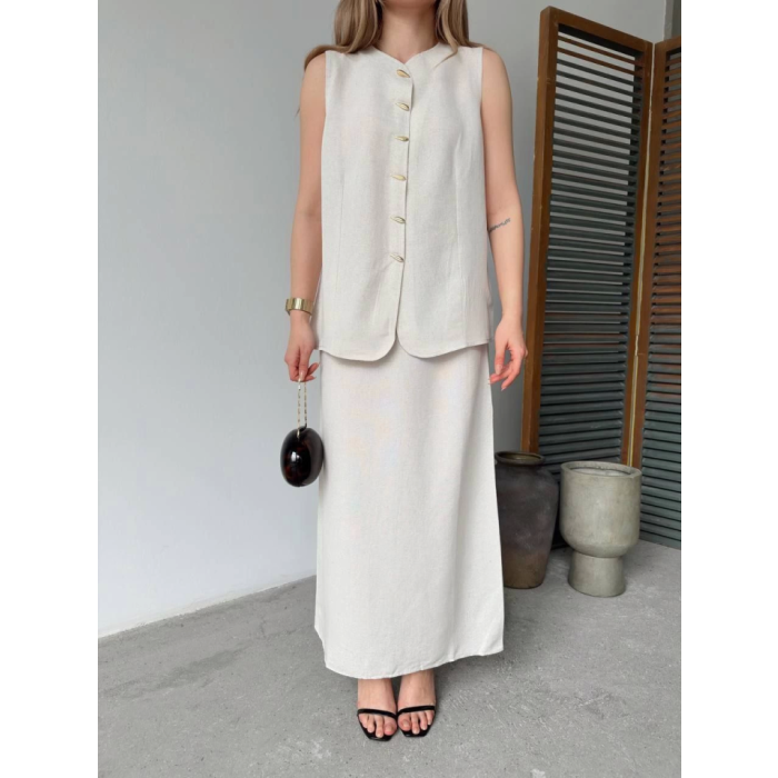 Keten Kolsuz Hırka Etek Ikili Takım- Beyaz