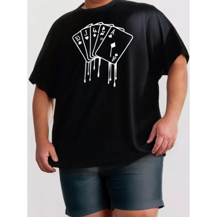 Erkek Büyük Beden Kart Baskılı Düz Renk Kısa Kollu Bisiklet Yaka Tişört Gündelik Giyim - Siyah