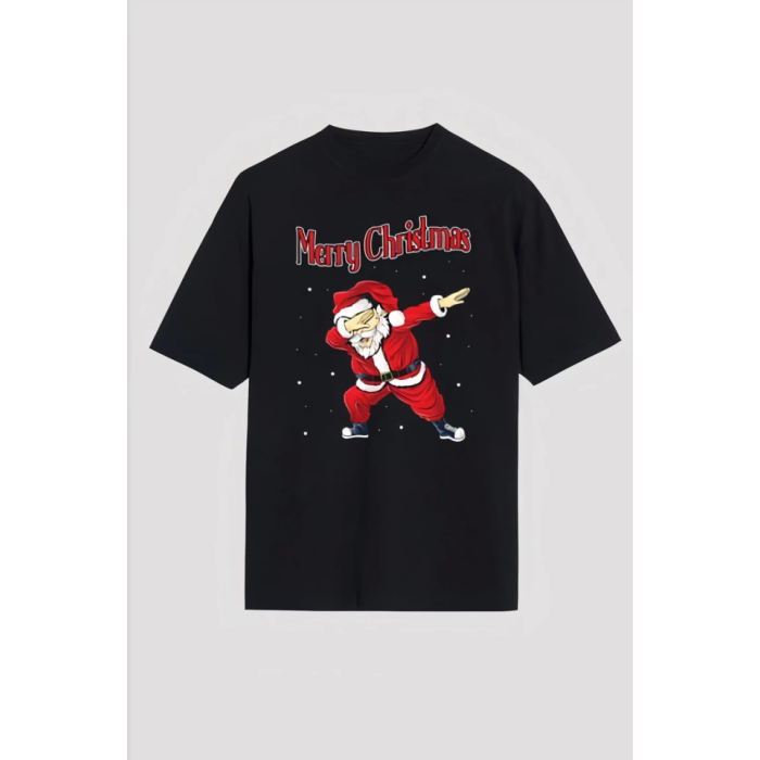 Merry Christmas Baskılı Noel Babalı T-shirt - Siyah