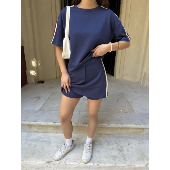 Osy Modal Yumuşak Dokulu Kumaş Parçalı Bisiklet Yaka T-shirt Mini Şortlu Etek İkili Takım -Lacivert