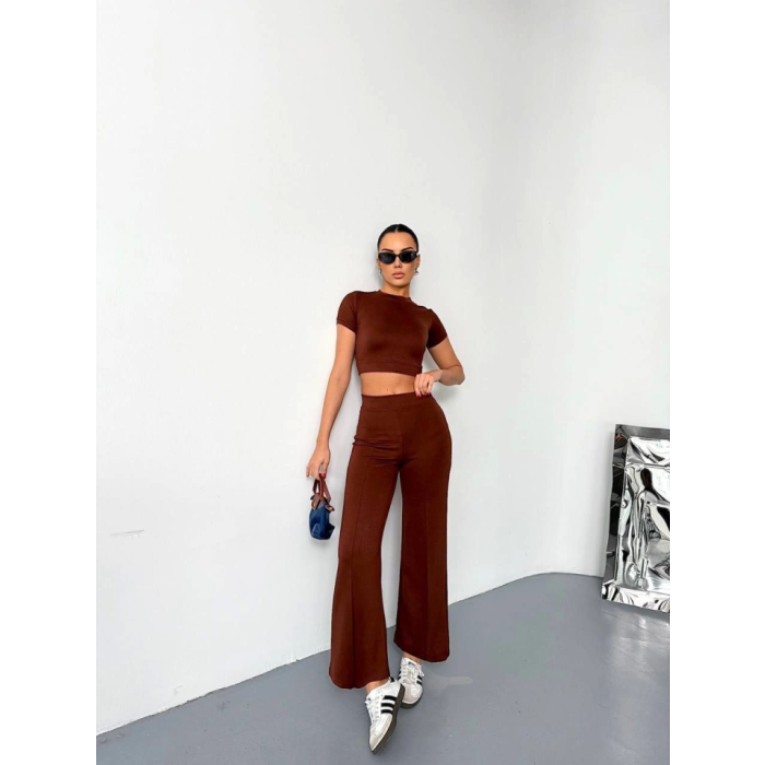 Osy Modal Yumuşak Dokulu Kumaş Kısa Kollu Crop Alt Ispanyol Paça Pantalon Ikili Takım - Kahverengi