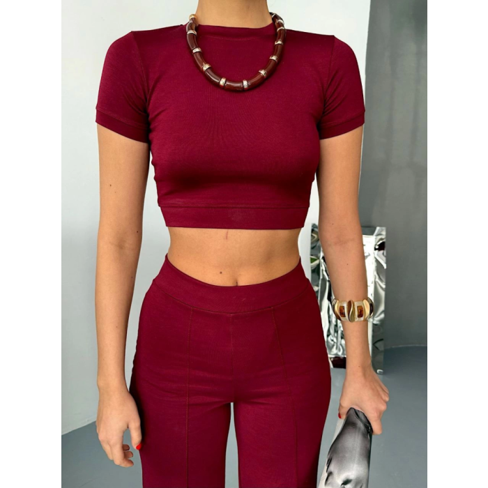 Osy Modal Yumuşak Dokulu Kumaş Kısa Kollu Crop Alt Ispanyol Paça Pantalon Ikili Takım - Bordo