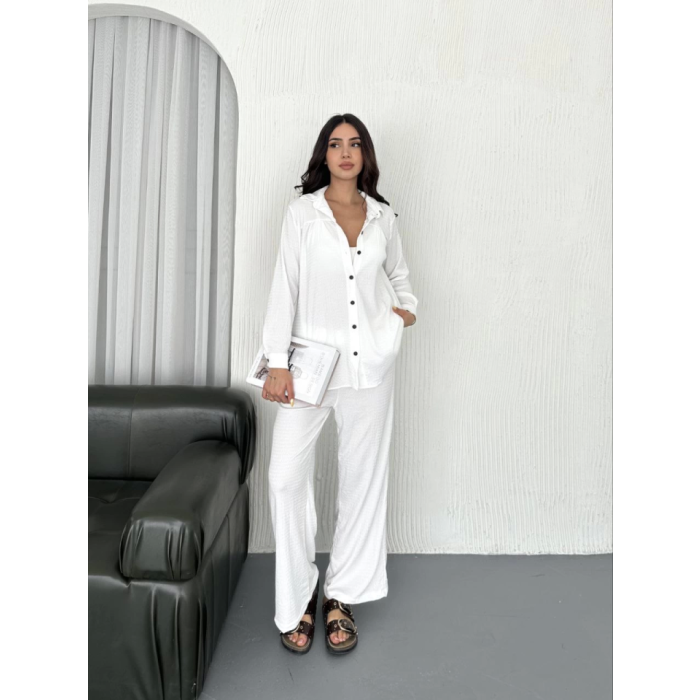 Yakalı Düğmeli Uzun Kollu Gömlek Pantolon Ikili Takım - Beyaz