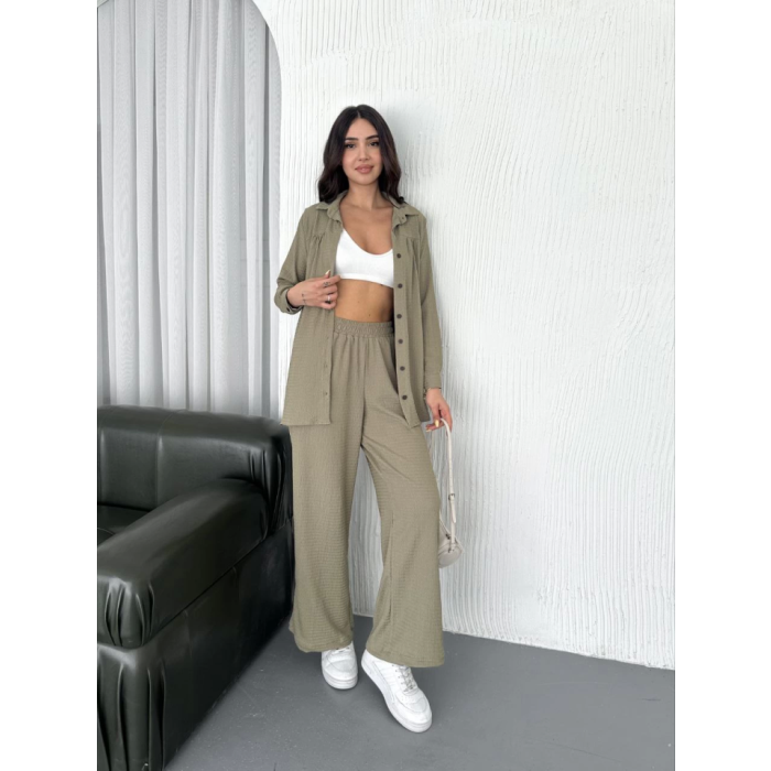 Yakalı Düğmeli Uzun Kollu Gömlek Pantolon Ikili Takım - Bej