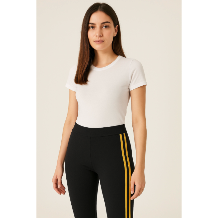 Yanı Sarı Şeritli Her Gardıropta Olması Gereken Tayt - Lacivert