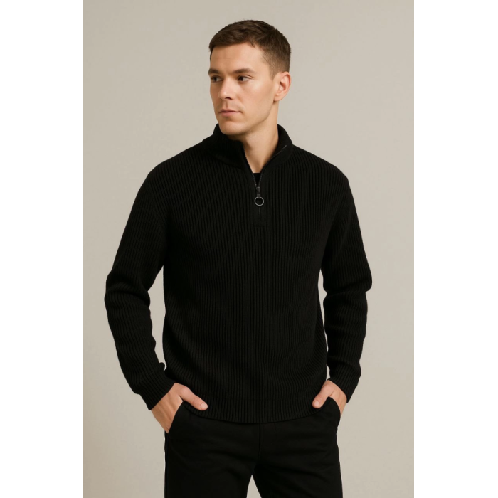 Erkek Yarım Fermuarlı Triko Kazak – Selanik Örgü, Dik Yaka, Pamuklu Dokuma, Regular Fit Uzun Kollu Kışlık Model - Siyah
