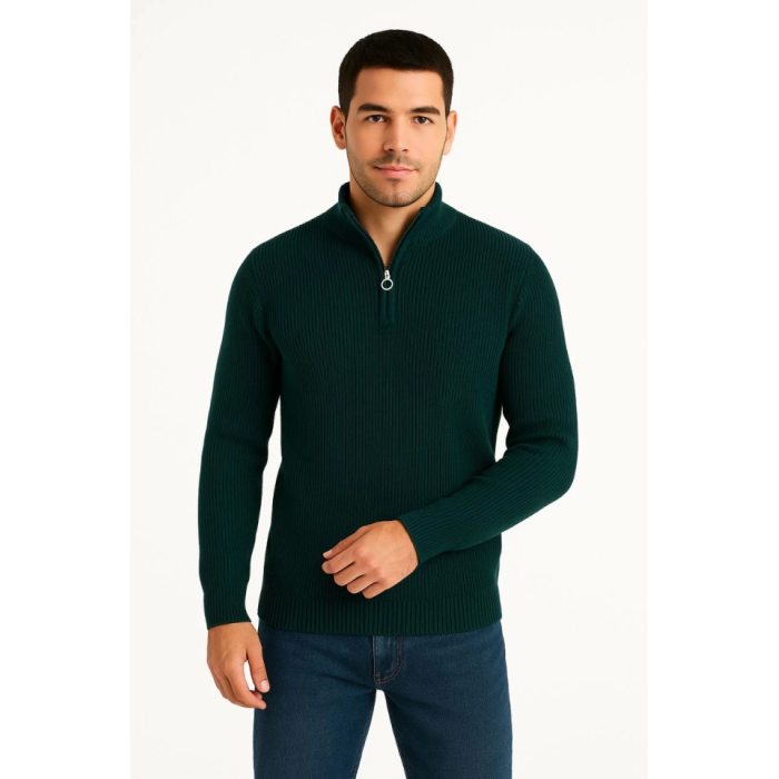 Erkek Yarım Fermuarlı Triko Kazak – Selanik Örgü, Dik Yaka, Pamuklu Dokuma, Regular Fit Uzun Kollu Kışlık Model - Haki