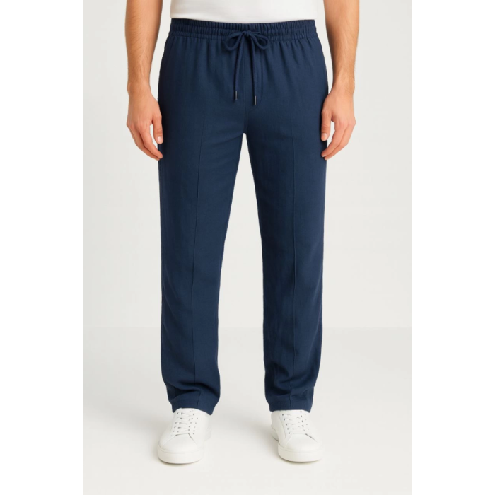 Erkek Keten Pantolon – Cepli, Beli Lastikli Ve Bağcıklı, Nefes Alan Rahat Kalıp, Yazlık Ve Baharlık Günlük Giyim, Şık - Konforlu Boru Paça Model - Lacivert