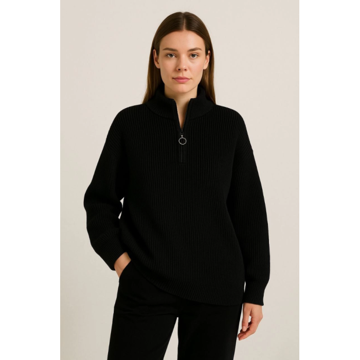 KADIN Yarım Fermuarlı Triko Kazak – Selanik Örgü, Dik Yaka, Pamuklu Dokuma, Oversize Uzun Kollu Kışlık Model - Siyah