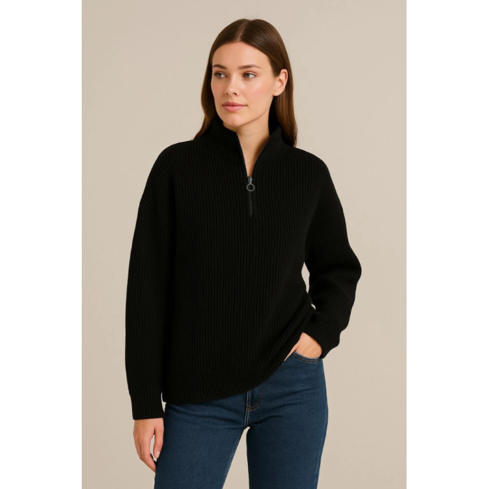 KADIN Yarım Fermuarlı Triko Kazak – Selanik Örgü, Dik Yaka, Pamuklu Dokuma, Oversize Uzun Kollu Kışlık Model - Siyah