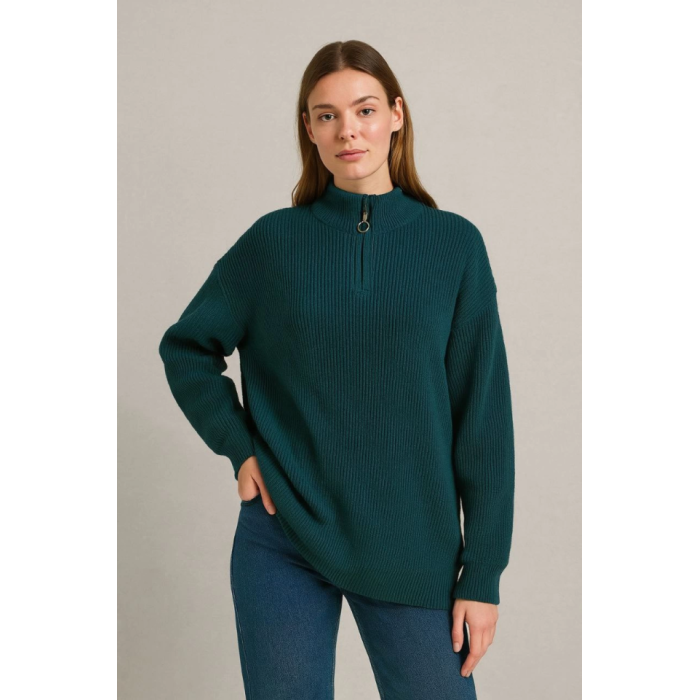 KADIN Yarım Fermuarlı Triko Kazak – Selanik Örgü, Dik Yaka, Pamuklu Dokuma, Oversize Uzun Kollu Kışlık Model - Haki