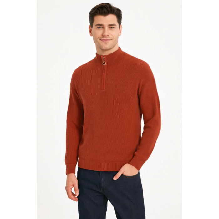 Erkek Yarım Fermuarlı Triko Kazak – Selanik Örgü, Dik Yaka, Pamuklu Dokuma, Regular Fit Uzun Kollu Kışlık Model - Kiremit