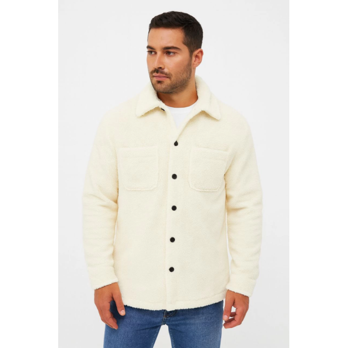 Erkek Pelüş Polar Hırka Gömlek – Yakalı, İlik Düğmeli, Göğüs Cepli, Yumuşak Dokulu Kışlık Regular Fit Rahat Günlük Model - Beyaz