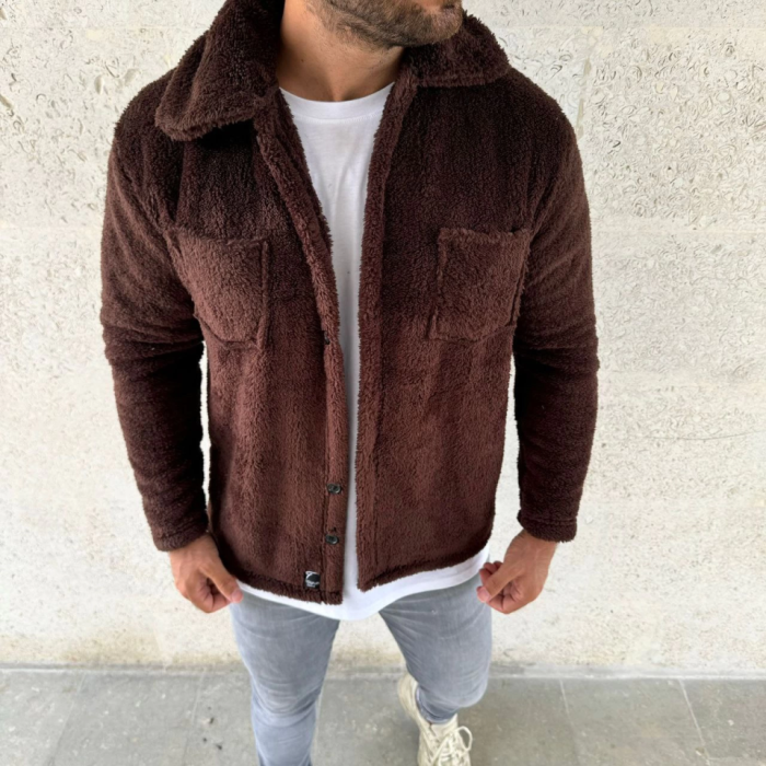 Erkek Pelüş Polar Hırka Gömlek – Yakalı, İlik Düğmeli, Göğüs Cepli, Yumuşak Dokulu Kışlık Regular Fit Rahat Günlük Model - Kahverengi