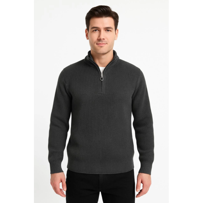 Erkek Yarım Fermuarlı Triko Kazak – Selanik Örgü, Dik Yaka, Pamuklu Dokuma, Regular Fit Uzun Kollu Kışlık Model - Füme