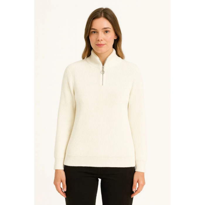 KADIN Yarım Fermuarlı Triko Kazak – Selanik Örgü, Dik Yaka, Pamuklu Dokuma, Oversize Uzun Kollu Kışlık Model - Beyaz