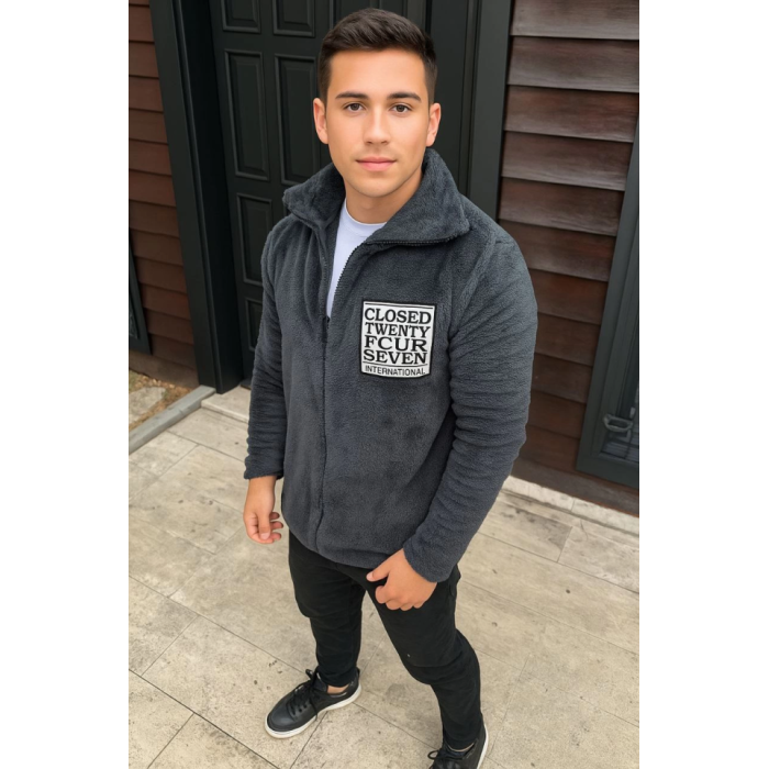 Erkek Polar Fermuarlı Sweatshirt – Kapüşonsuz, Cepli, Yumuşak Dokulu, Oversize Rahat Kalıp, Kışlık Sıcak Tutan Fermuarlı Üst - Füme
