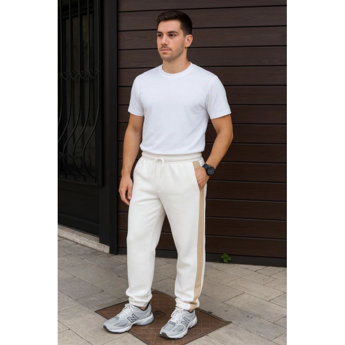 Erkek Üç İplik Kışlık Pamuklu Yandan Garneli Kalın Bej Şeritli Cepli Eşofman Altı - Beyaz