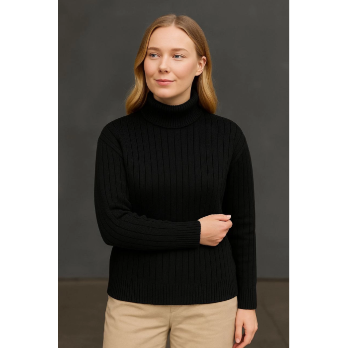 Balıkcı Yaka Bağazlı Triko Kazak Pamuklu Kalın Fitilli Dokuma - Siyah