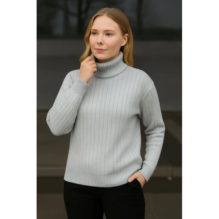 Balıkcı Yaka Bağazlı Triko Kazak Pamuklu Kalın Fitilli Dokuma - Gri