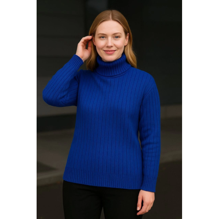 Balıkcı Yaka Bağazlı Triko Kazak Pamuklu Kalın Fitilli Dokuma - Saks Mavisi