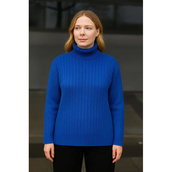 Balıkcı Yaka Bağazlı Triko Kazak Pamuklu Kalın Fitilli Dokuma - Saks Mavisi