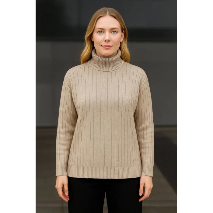 Balıkcı Yaka Bağazlı Triko Kazak Pamuklu Kalın Fitilli Dokuma - Bej