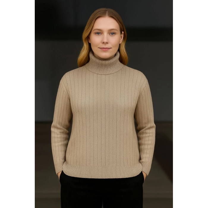 Balıkcı Yaka Bağazlı Triko Kazak Pamuklu Kalın Fitilli Dokuma - Bej