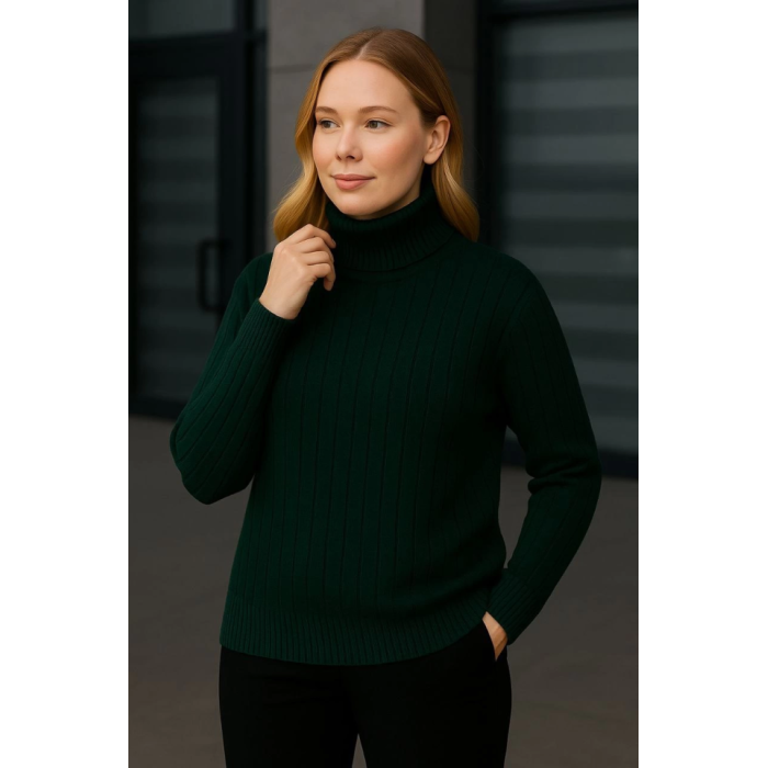 Balıkcı Yaka Bağazlı Triko Kazak Pamuklu Kalın Fitilli Dokuma - Haki