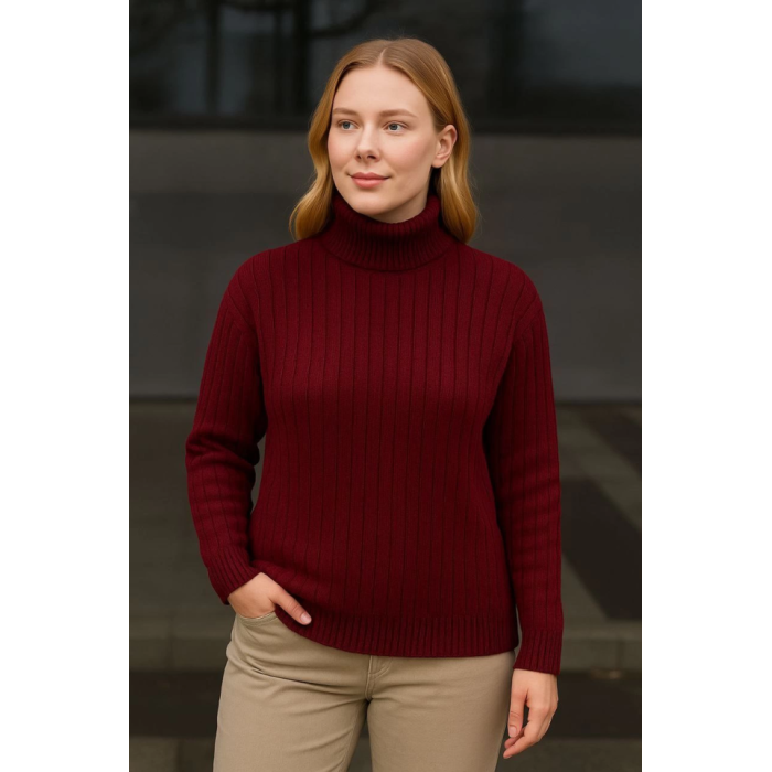 Balıkcı Yaka Bağazlı Triko Kazak Pamuklu Kalın Fitilli Dokuma - Bordo