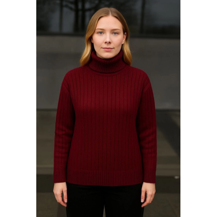 Balıkcı Yaka Bağazlı Triko Kazak Pamuklu Kalın Fitilli Dokuma - Bordo