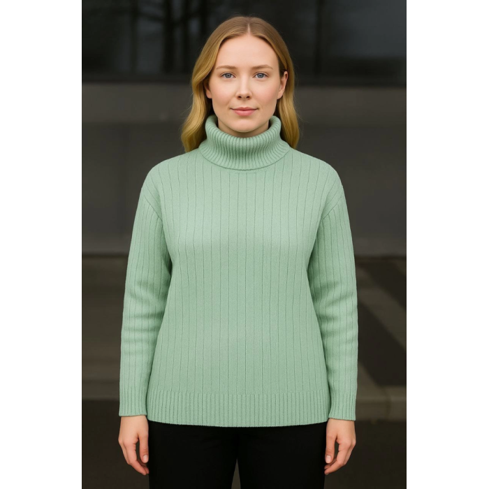 Balıkcı Yaka Bağazlı Triko Kazak Pamuklu Kalın Fitilli Dokuma - Mint Yeşili