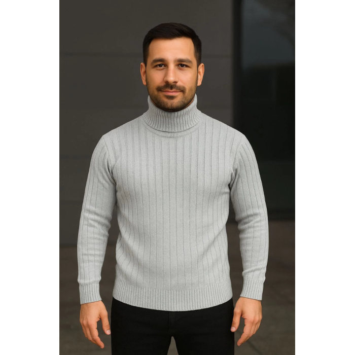 Erkek Balıkcı Yaka Bağazlı Triko Kazak Pamuklu Kalın Fitilli Dokuma, Regular Fit Uzun Kollu Kışlık Model - Gri