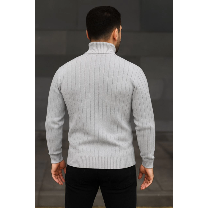 Erkek Balıkcı Yaka Bağazlı Triko Kazak Pamuklu Kalın Fitilli Dokuma, Regular Fit Uzun Kollu Kışlık Model - Gri