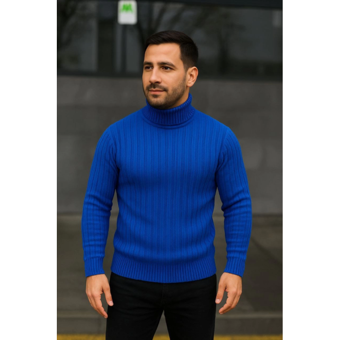 Erkek Balıkcı Yaka Bağazlı Triko Kazak Pamuklu Kalın Fitilli Dokuma, Regular Fit Uzun Kollu Kışlık Model - Saks Mavisi