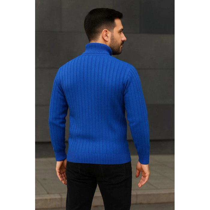 Erkek Balıkcı Yaka Bağazlı Triko Kazak Pamuklu Kalın Fitilli Dokuma, Regular Fit Uzun Kollu Kışlık Model - Saks Mavisi