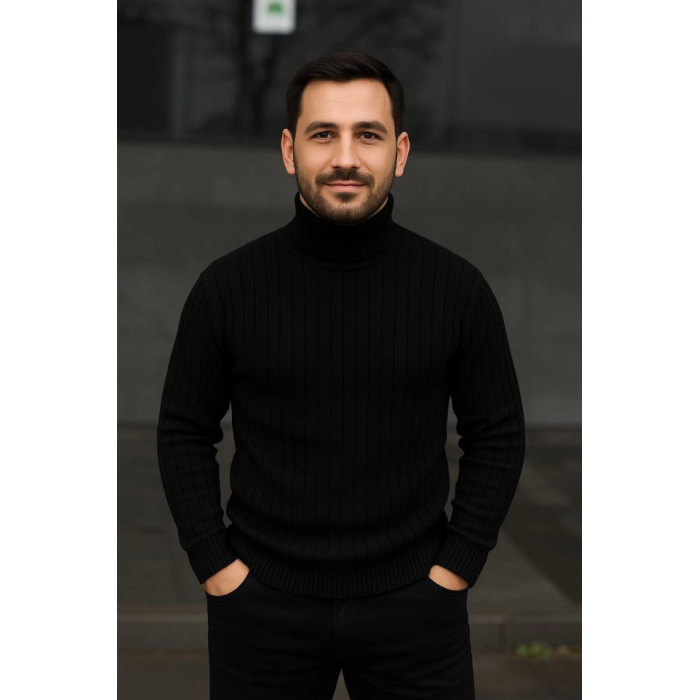 Erkek Balıkcı Yaka Bağazlı Triko Kazak Pamuklu Kalın Fitilli Dokuma, Regular Fit Uzun Kollu Kışlık Model - Siyah