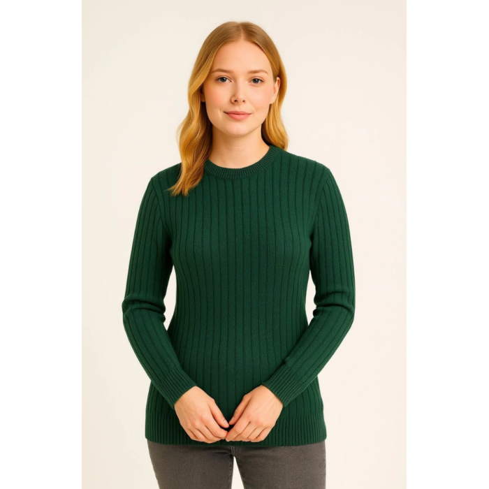 Bisiklet Yuvarlak Yaka Triko Kazak Pamuklu Kalın Fitilli Dokuma, Regular Fit Uzun Kollu Kışlık Model - Haki