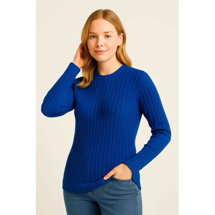 Bisiklet Yuvarlak Yaka Triko Kazak Pamuklu Kalın Fitilli Dokuma, Regular Fit Uzun Kollu Kışlık Model - Saks Mavisi