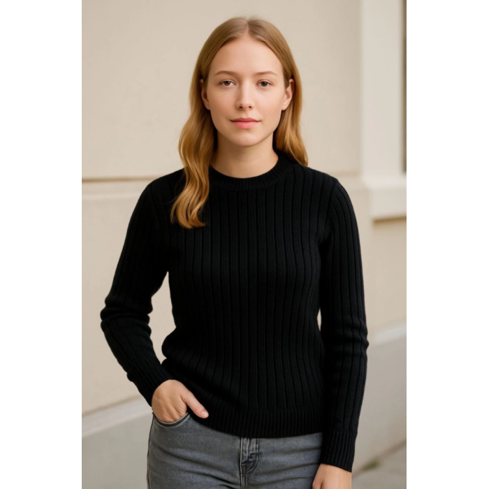 Bisiklet Yuvarlak Yaka Triko Kazak Pamuklu Kalın Fitilli Dokuma, Regular Fit Uzun Kollu Kışlık Model - Siyah