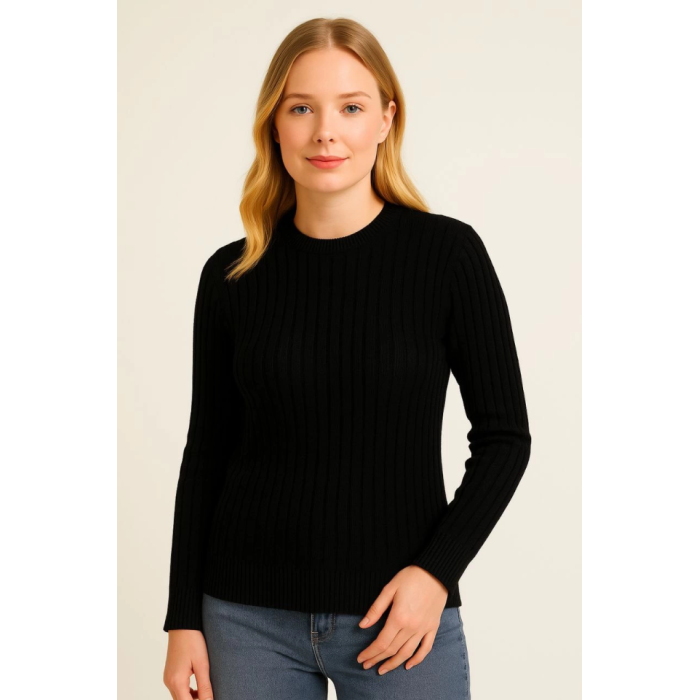 Bisiklet Yuvarlak Yaka Triko Kazak Pamuklu Kalın Fitilli Dokuma, Regular Fit Uzun Kollu Kışlık Model - Siyah