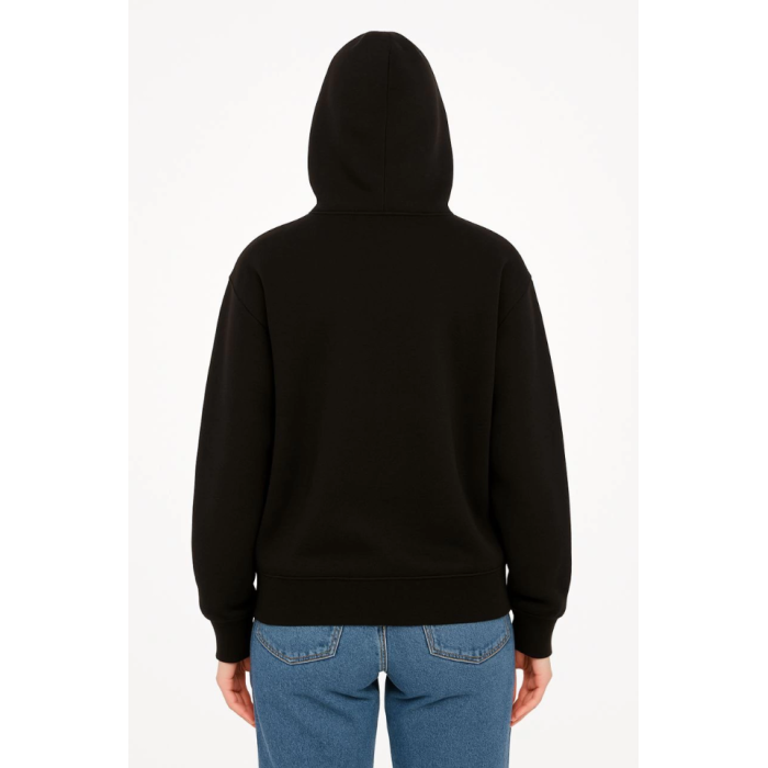 Oversize Kapüşonlu Sweatshirt  Hoodie 3 İplik Şardonlu Pamuklu Kumaş, Önü Baskılı, Fermuarlı Rahat Kalıp, Kışlık Ve Sokak Stili Sweat - Siyah