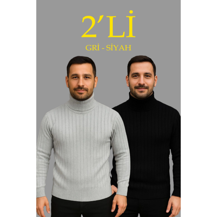 Erkek Fitilli Triko Kazak 2li Set Gri Siyah Regular Balıkcı Yaka Tam Boğazlı Triko Seti Modeli Kazak