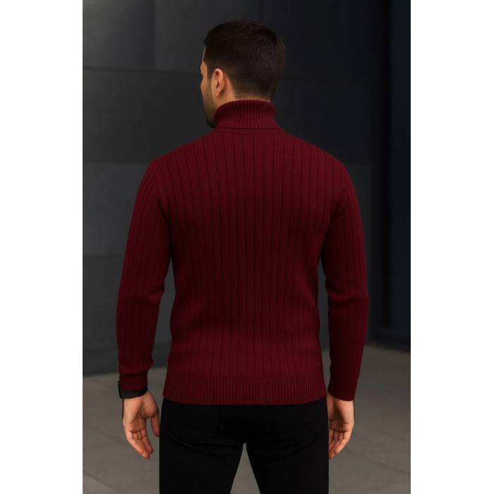 Erkek Fitilli Triko Kazak 2li Set Bordo Siyah Regular Balıkcı Yaka Tam Boğazlı Triko Seti Modeli Kazak