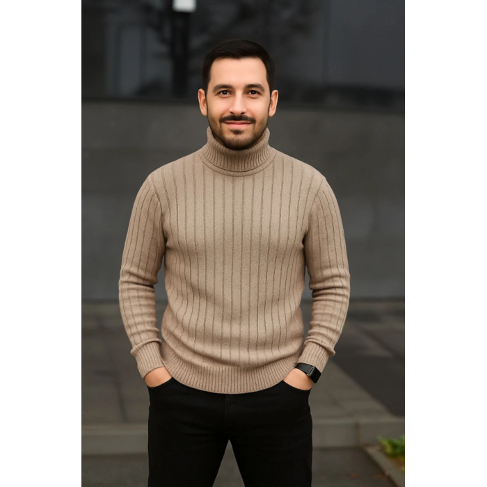 Erkek Fitilli Triko Kazak 2li Set Bej Siyah Regular Balıkcı Yaka Tam Boğazlı Triko Seti Modeli Kazak