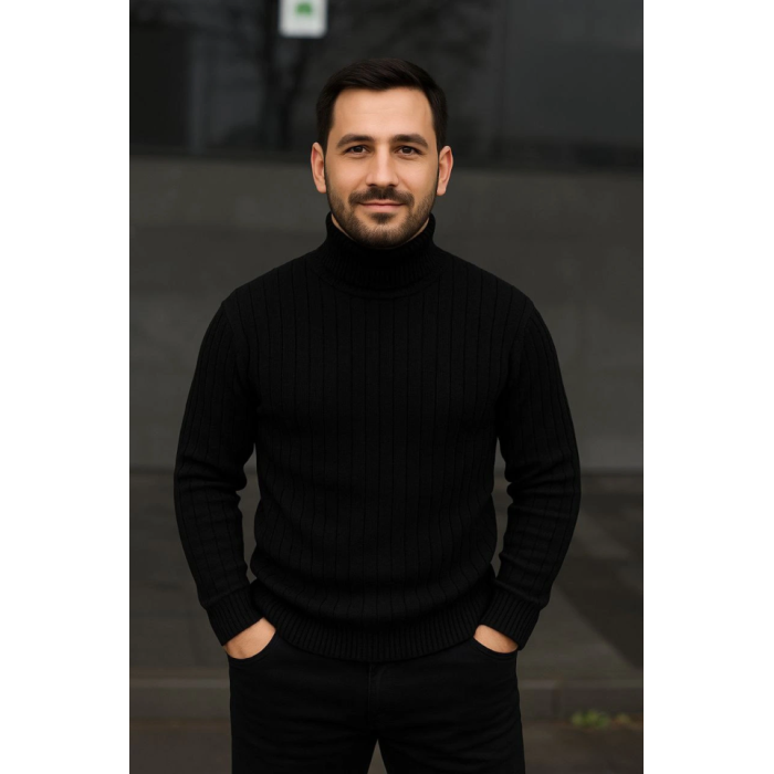 Erkek Fitilli Triko Kazak 3lÜ Set Gri Haki Siyah Regular Balıkcı Yaka Tam Boğazlı Triko Seti Modeli Kazak