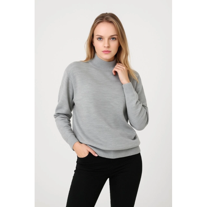 Yarım Boğaz Triko Kazak Yumuşak Dokulu Pamuklu Ince Dokuma, Uzun Kollu Rahat Regular Kalıp - Gri