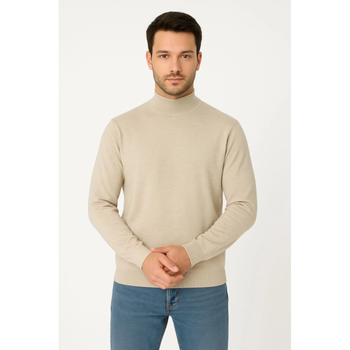 Erkek Yarım Boğaz Triko Kazak Yumuşak Dokulu Pamuklu Ince Dokuma, Uzun Kollu Rahat Regular Kalıp - Bej