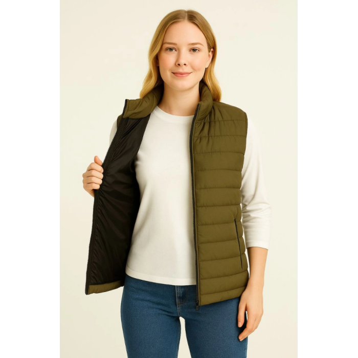 Şişme Fermuarlı Yelek Su Itici Kapitone Astarlı Kumaş Cepli Hafif Kışlık Spor Rahat Kalıp - Haki